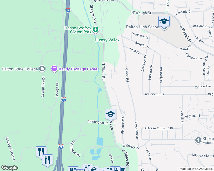 map of restaurants, bars, coffee shops, grocery stores, and more near 116 North Tibbs Road in Dalton