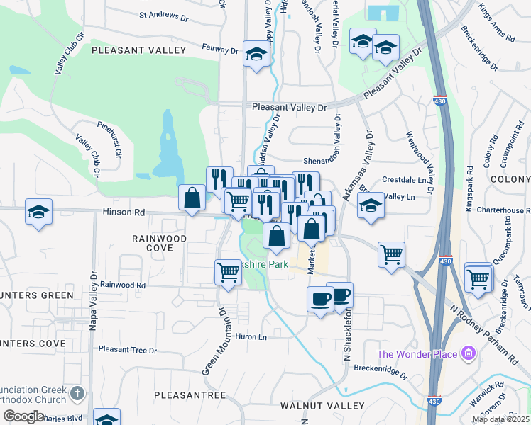 map of restaurants, bars, coffee shops, grocery stores, and more near Hidden Valley Drive in Little Rock