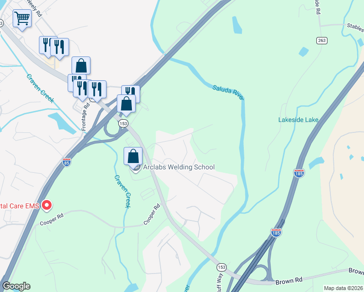 map of restaurants, bars, coffee shops, grocery stores, and more near 138 Rushing Creek Lane in Piedmont