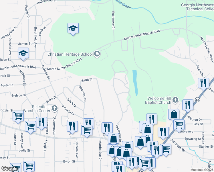 map of restaurants, bars, coffee shops, grocery stores, and more near 208 Van Buren Drive in Dalton