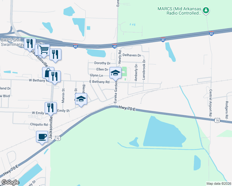 map of restaurants, bars, coffee shops, grocery stores, and more near 208 Eureka Garden Road in North Little Rock