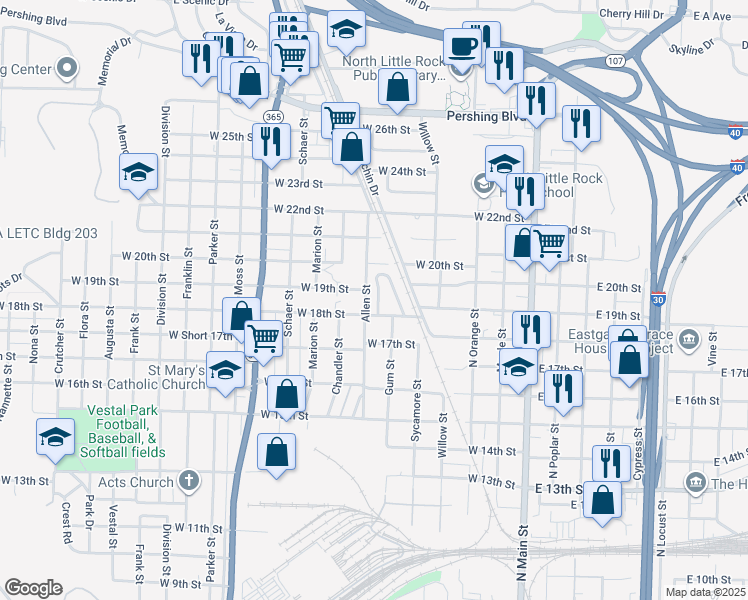 map of restaurants, bars, coffee shops, grocery stores, and more near 123 College Park Circle in North Little Rock