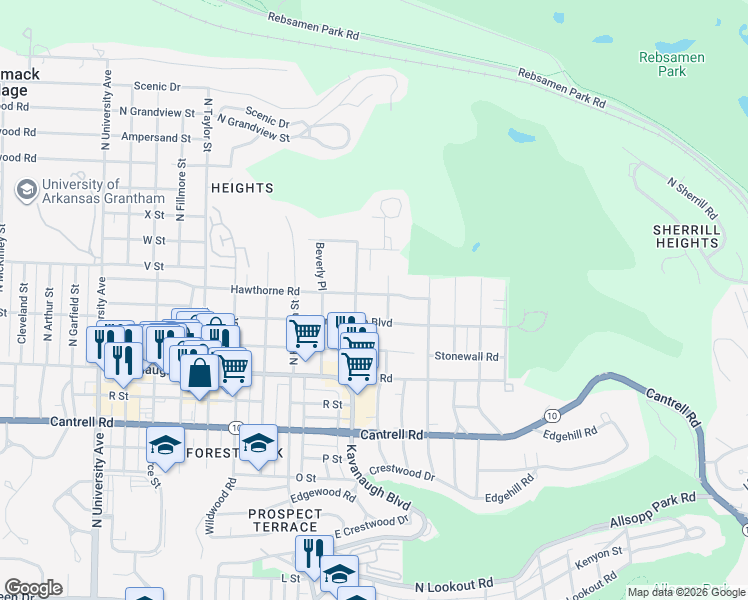 map of restaurants, bars, coffee shops, grocery stores, and more near 2 Beverly Place in Little Rock