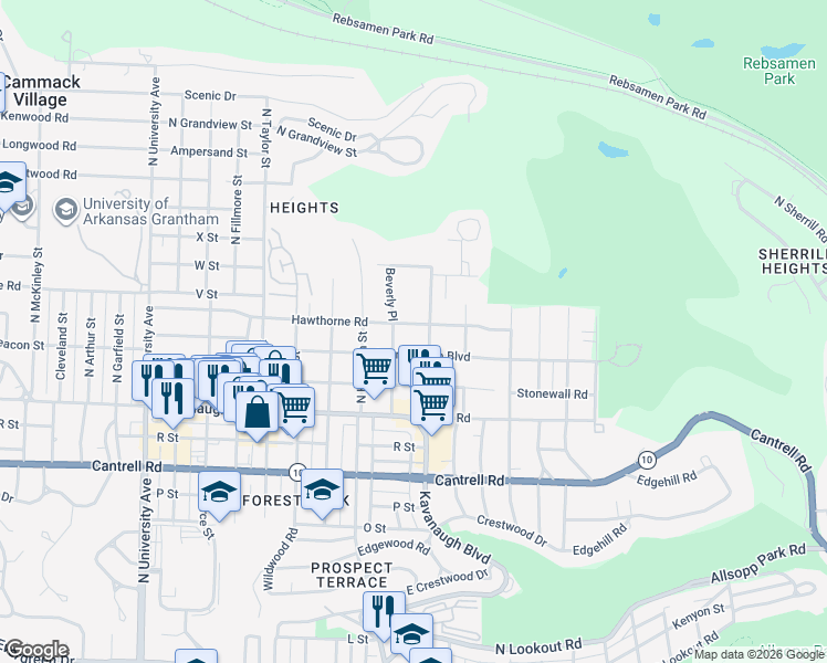map of restaurants, bars, coffee shops, grocery stores, and more near 2 Beverly Place in Little Rock