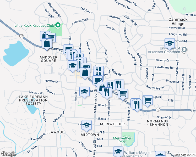map of restaurants, bars, coffee shops, grocery stores, and more near 129 Dickson Drive in Little Rock