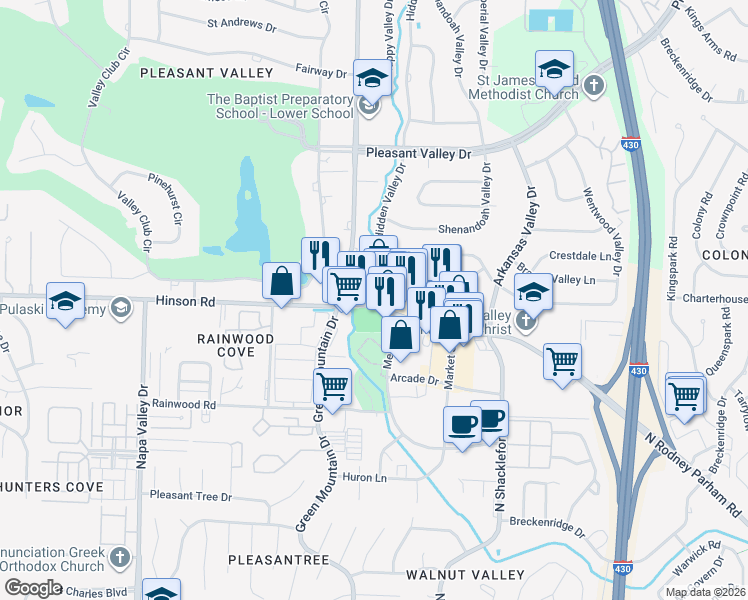 map of restaurants, bars, coffee shops, grocery stores, and more near Hidden Valley Drive in Little Rock