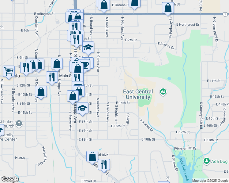 map of restaurants, bars, coffee shops, grocery stores, and more near 1100 East 14th Street in Ada