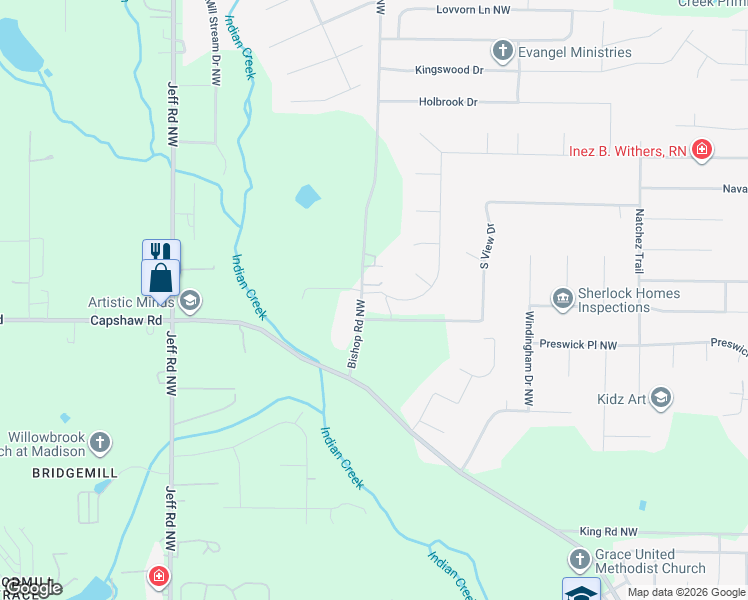 map of restaurants, bars, coffee shops, grocery stores, and more near 183 Bishop Road Northwest in Huntsville
