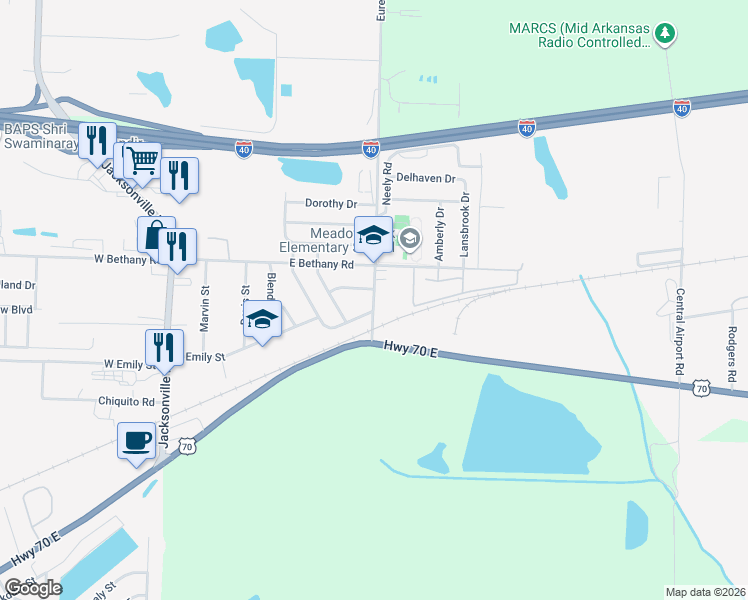 map of restaurants, bars, coffee shops, grocery stores, and more near 400 Eureka Garden Road in North Little Rock