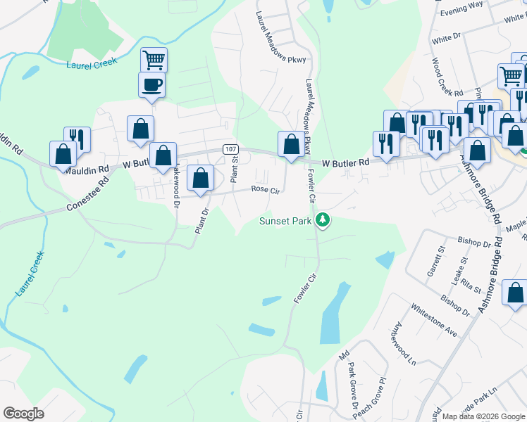 map of restaurants, bars, coffee shops, grocery stores, and more near 3184 Rose Circle in Greenville