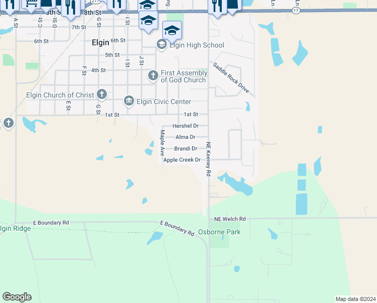 map of restaurants, bars, coffee shops, grocery stores, and more near 1208 Brandi Drive in Elgin
