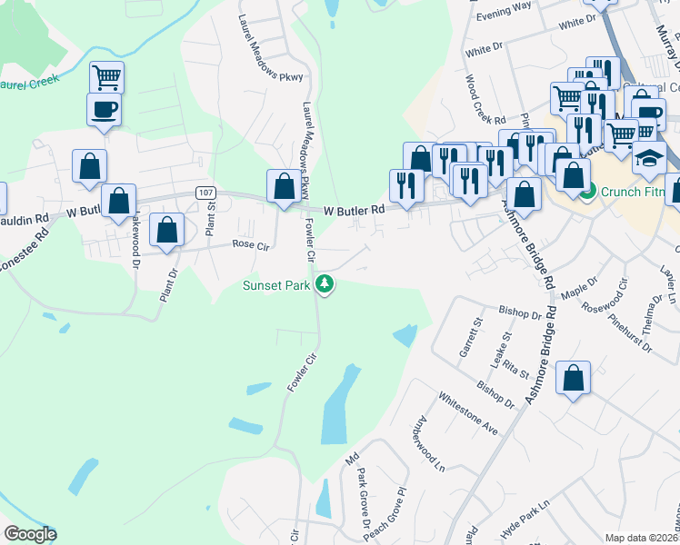 map of restaurants, bars, coffee shops, grocery stores, and more near 131 Trailside Lane in Greenville