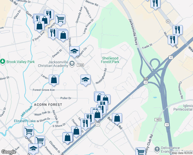 map of restaurants, bars, coffee shops, grocery stores, and more near 205 Marion Court in Jacksonville