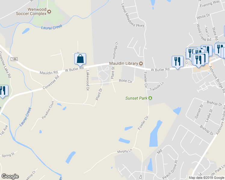 map of restaurants, bars, coffee shops, grocery stores, and more near 104 Plant Street in Greenville