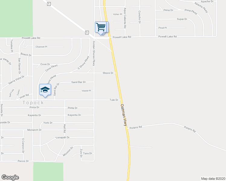 map of restaurants, bars, coffee shops, grocery stores, and more near 5083 Tule Drive in Topock
