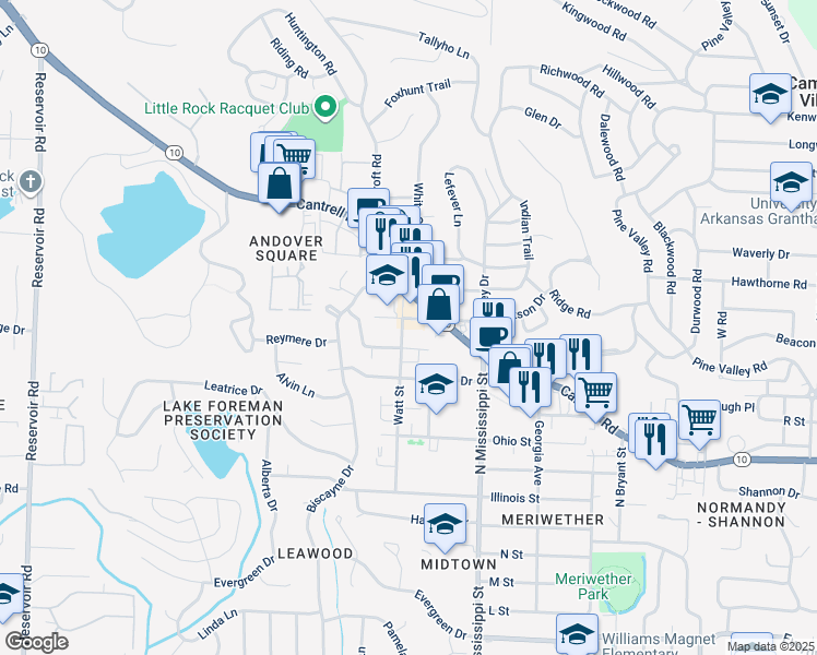 map of restaurants, bars, coffee shops, grocery stores, and more near 2121 Watt Street in Little Rock