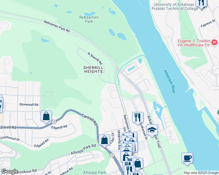 map of restaurants, bars, coffee shops, grocery stores, and more near 2300 Rebsamen Park Road in Little Rock