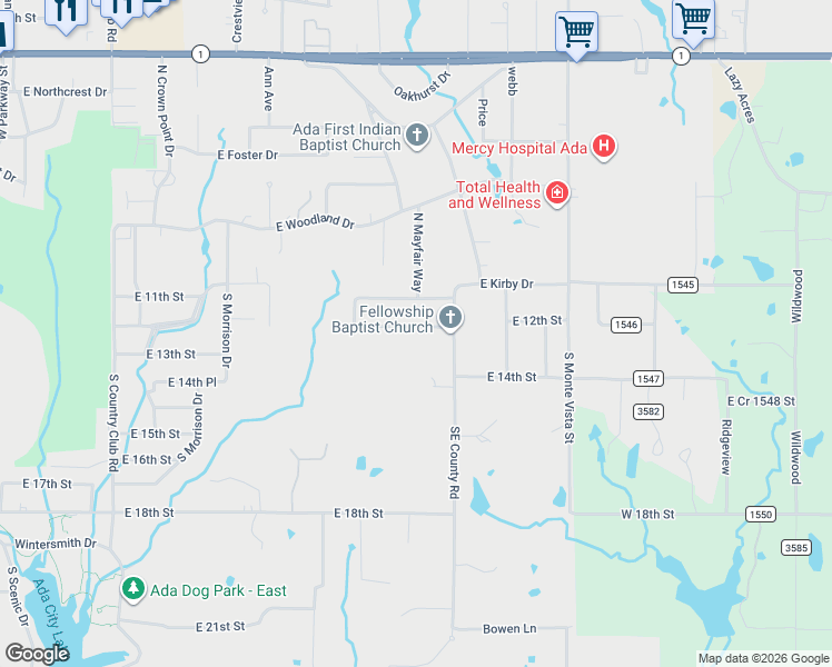 map of restaurants, bars, coffee shops, grocery stores, and more near 2431 East Foliage Drive in Ada
