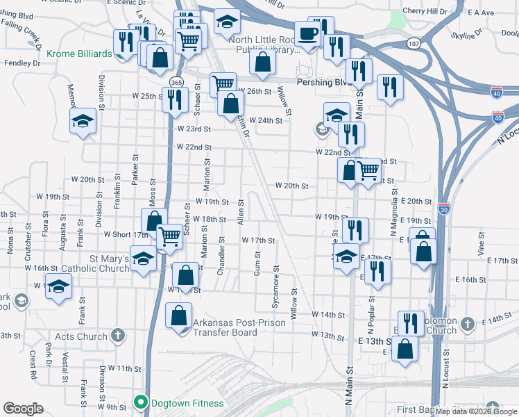 map of restaurants, bars, coffee shops, grocery stores, and more near 223 College Park Circle in North Little Rock