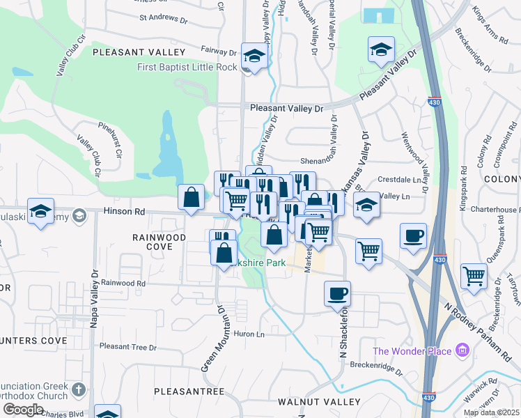 map of restaurants, bars, coffee shops, grocery stores, and more near Hidden Valley Drive in Little Rock