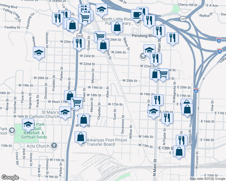 map of restaurants, bars, coffee shops, grocery stores, and more near 123 College Park Circle in North Little Rock