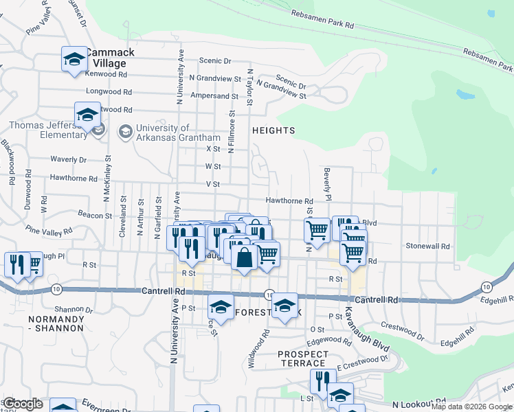 map of restaurants, bars, coffee shops, grocery stores, and more near 5517 Hawthorne Road in Little Rock