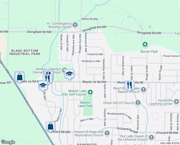map of restaurants, bars, coffee shops, grocery stores, and more near 6012 Rickwood Drive Northwest in Huntsville