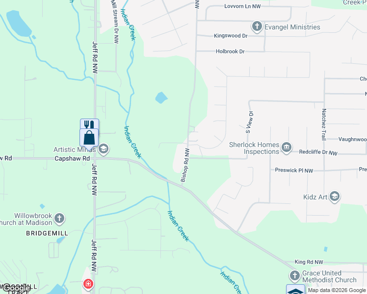 map of restaurants, bars, coffee shops, grocery stores, and more near 183 Bishop Road Northwest in Huntsville
