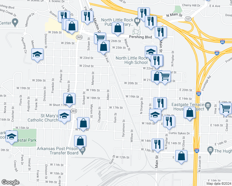 map of restaurants, bars, coffee shops, grocery stores, and more near 223 College Park Circle in North Little Rock