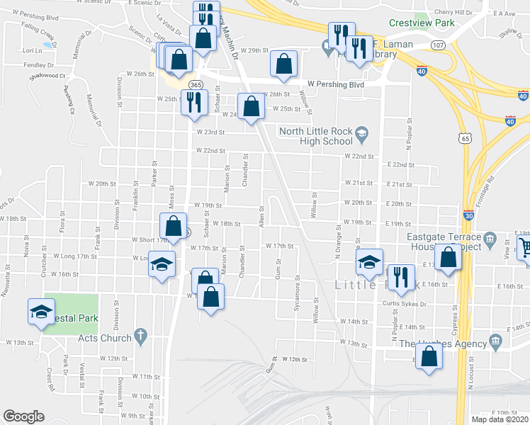 map of restaurants, bars, coffee shops, grocery stores, and more near 123 College Park Circle in North Little Rock
