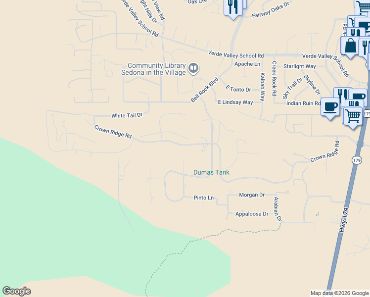 map of restaurants, bars, coffee shops, grocery stores, and more near 1040 Crown Ridge Road in Sedona