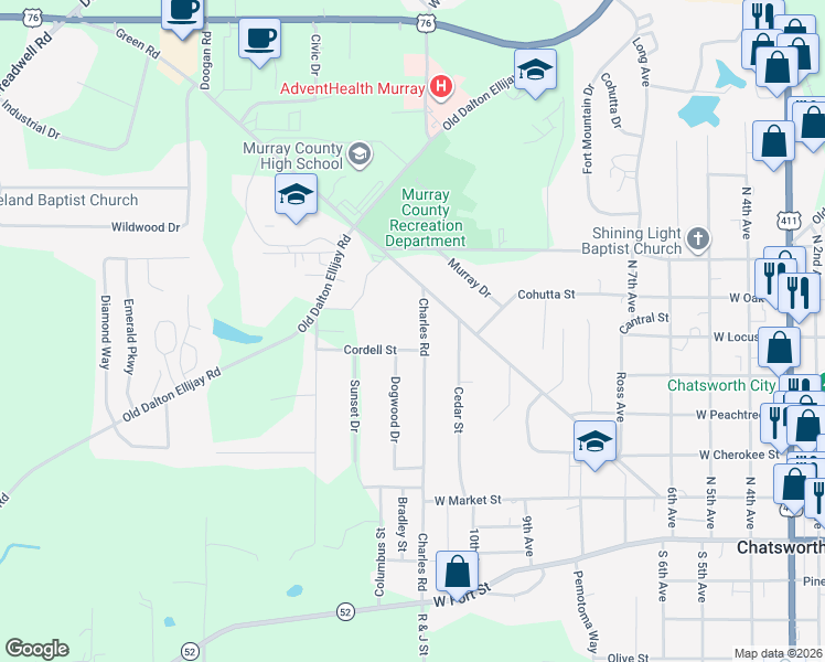 map of restaurants, bars, coffee shops, grocery stores, and more near 305 Charles Road in Chatsworth