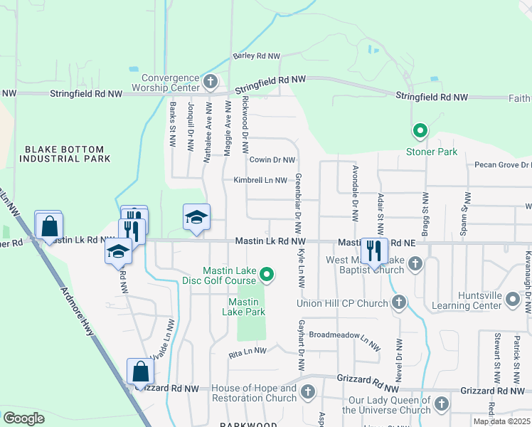 map of restaurants, bars, coffee shops, grocery stores, and more near 6012 Rickwood Dr NW in Huntsville