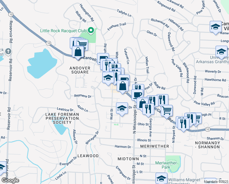 map of restaurants, bars, coffee shops, grocery stores, and more near 2121 Watt Street in Little Rock