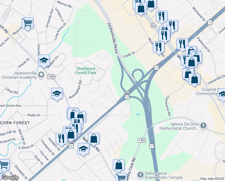 map of restaurants, bars, coffee shops, grocery stores, and more near 310 Montford Lane in Jacksonville