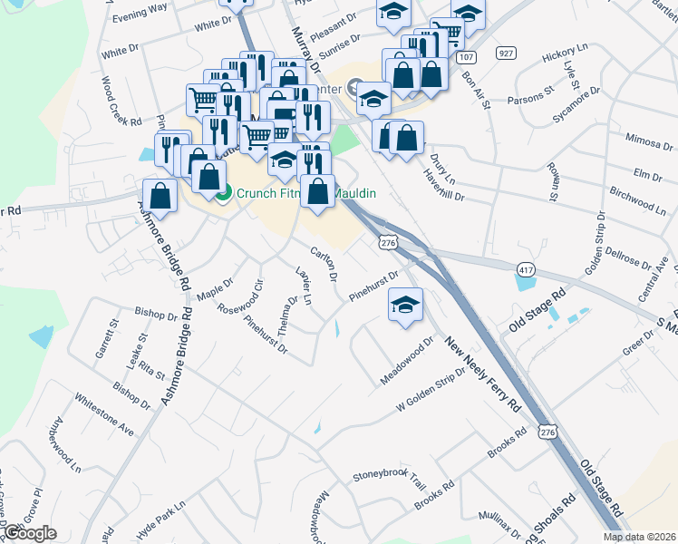 map of restaurants, bars, coffee shops, grocery stores, and more near 117 Carlton Drive in Mauldin