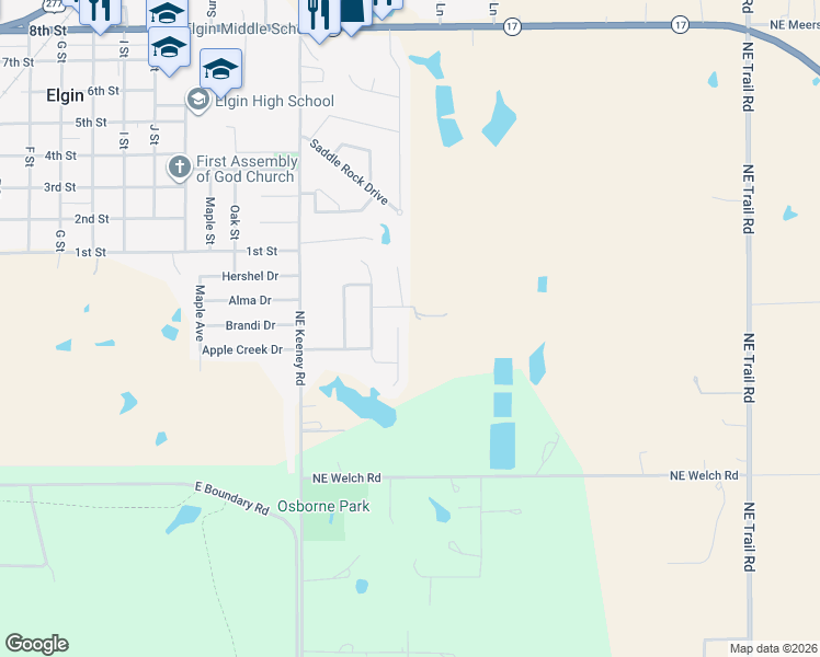 map of restaurants, bars, coffee shops, grocery stores, and more near 36 Blue Meadow Drive in Elgin