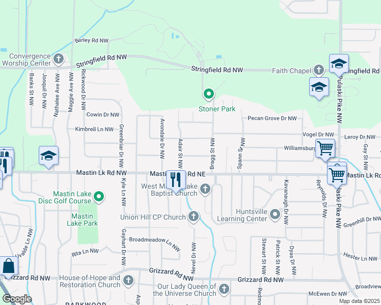 map of restaurants, bars, coffee shops, grocery stores, and more near 4714 Cavett Drive Northwest in Huntsville