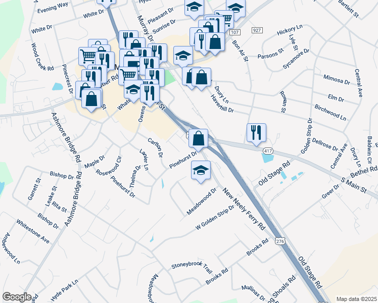 map of restaurants, bars, coffee shops, grocery stores, and more near 104 Pinehurst Drive in Mauldin