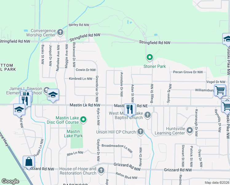 map of restaurants, bars, coffee shops, grocery stores, and more near 4904 Roebuck Road Northwest in Huntsville