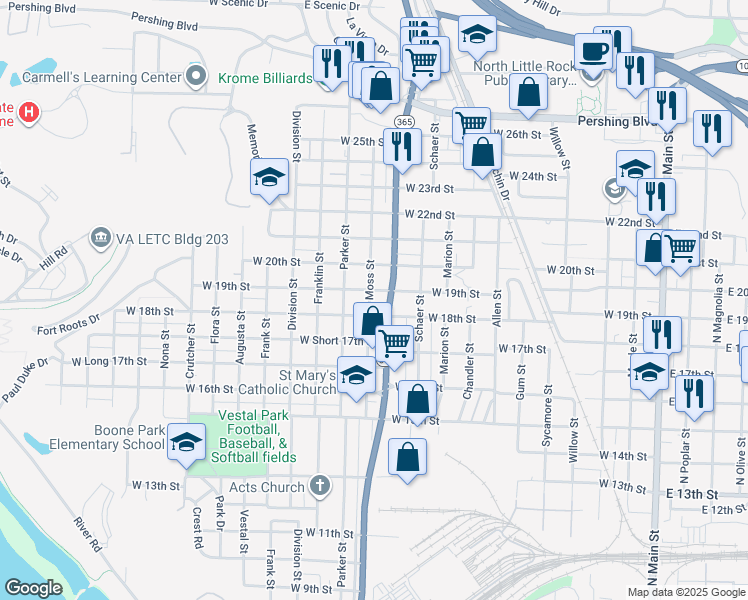 map of restaurants, bars, coffee shops, grocery stores, and more near 1819 Moss Street in North Little Rock