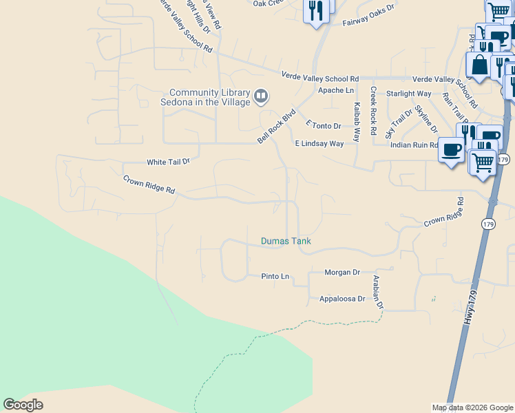map of restaurants, bars, coffee shops, grocery stores, and more near 1040 Crown Ridge Road in Sedona
