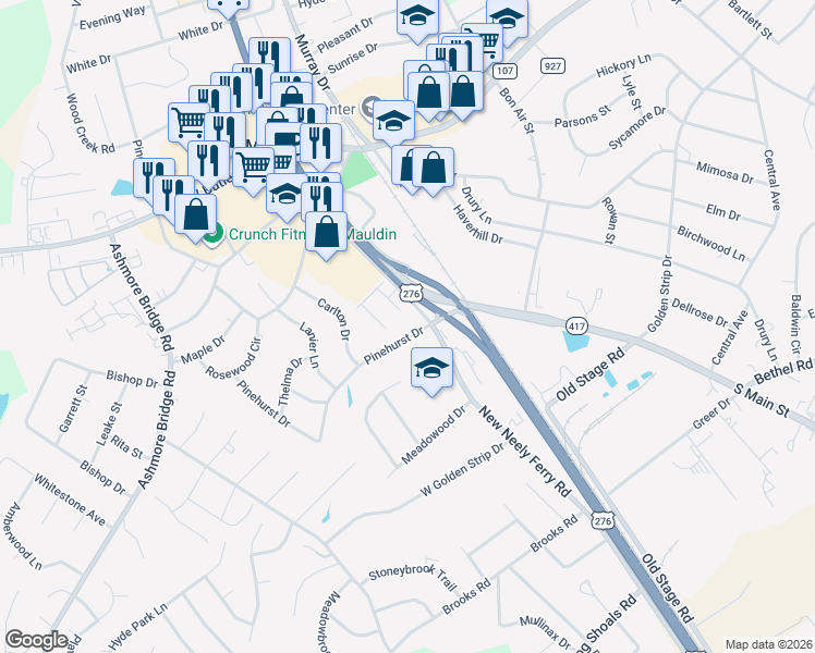 map of restaurants, bars, coffee shops, grocery stores, and more near 100 Evergrace way in Mauldin