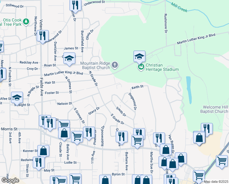 map of restaurants, bars, coffee shops, grocery stores, and more near 209 Mountain View Drive in Dalton