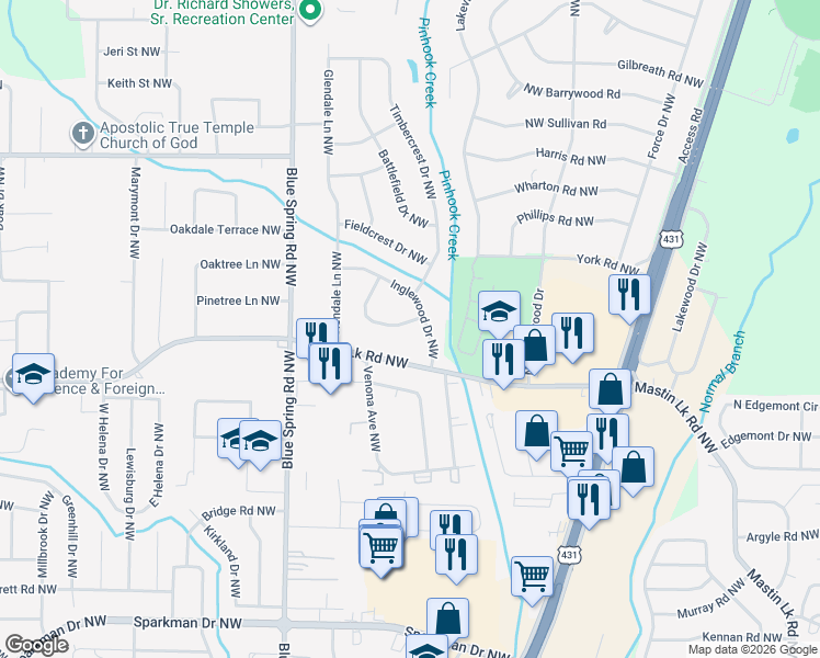 map of restaurants, bars, coffee shops, grocery stores, and more near 2503 Birchfield Street Northwest in Huntsville