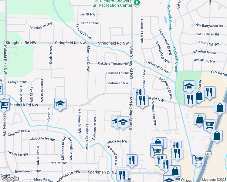 map of restaurants, bars, coffee shops, grocery stores, and more near 2716 Mastin Lake Road Northeast in Huntsville