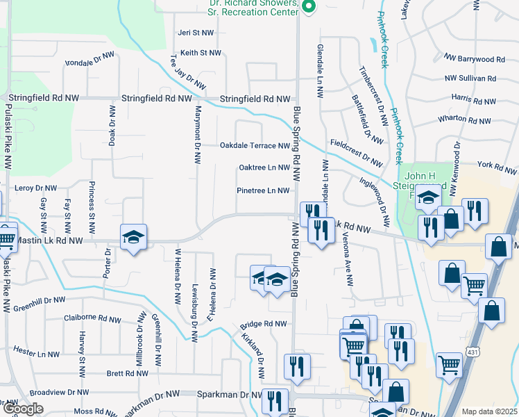 map of restaurants, bars, coffee shops, grocery stores, and more near 2714 Mastin Lake Road Northwest in Huntsville