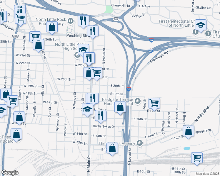 map of restaurants, bars, coffee shops, grocery stores, and more near 1923 North Magnolia Street in North Little Rock
