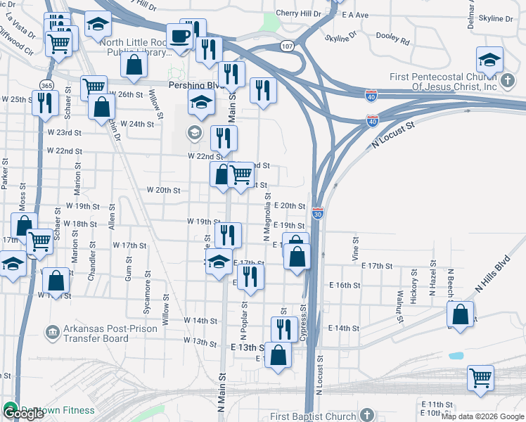 map of restaurants, bars, coffee shops, grocery stores, and more near 1923 North Magnolia Street in North Little Rock