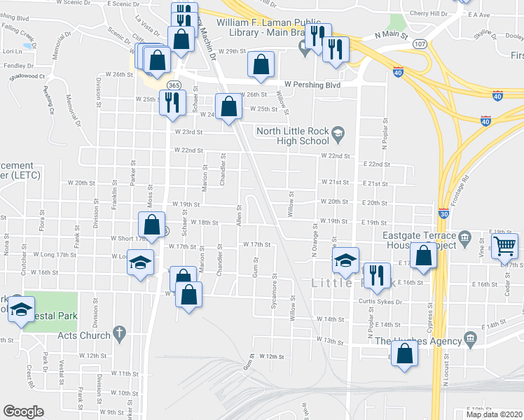map of restaurants, bars, coffee shops, grocery stores, and more near 223 College Park Circle in North Little Rock